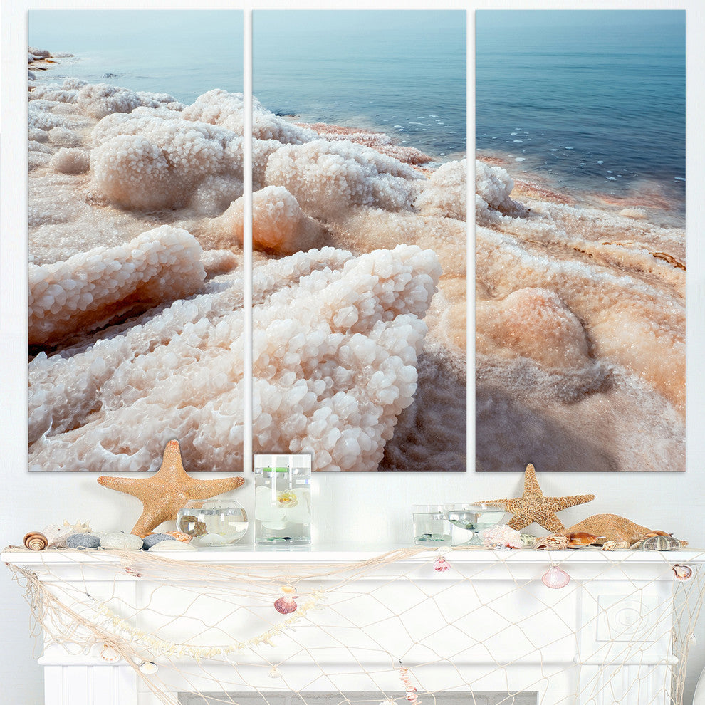 Crystallized Salt on Dead Sea Beach - Seashore Metal Art - 36x28 - 3 Panels