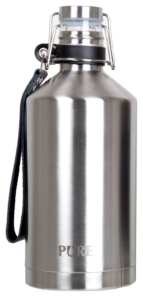 64oz Stainless Steel Beer Growler With Leather Strap, Silver
