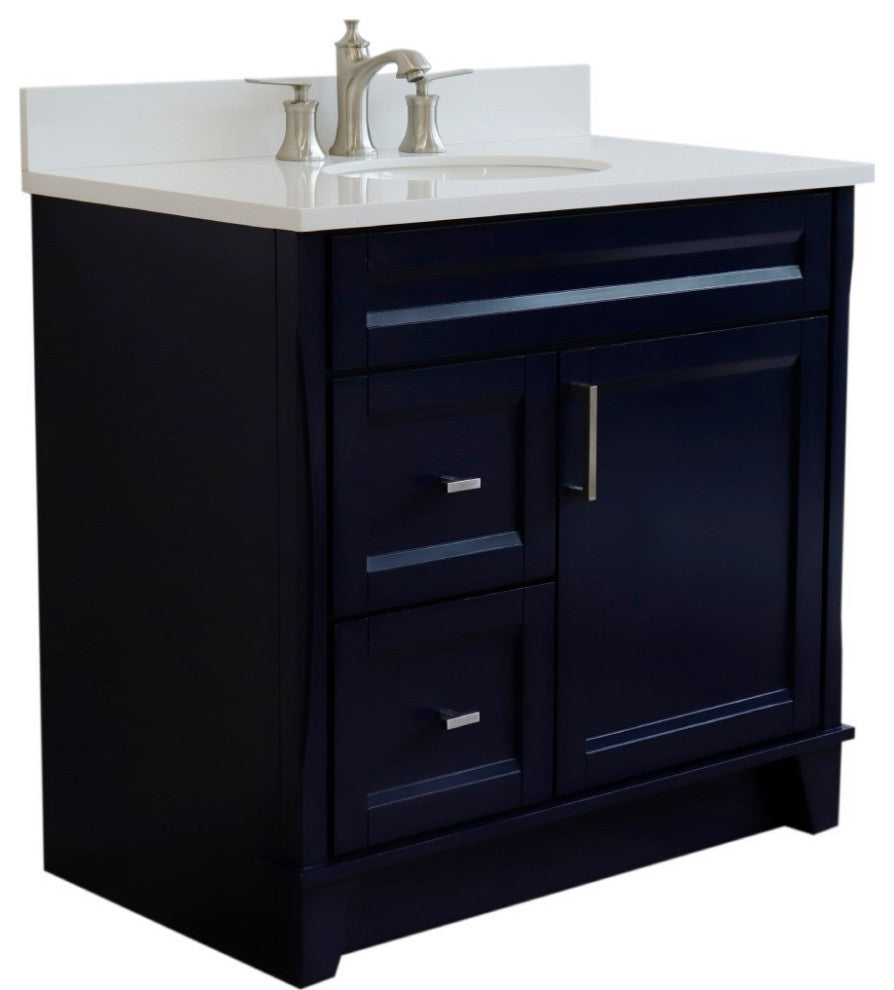 37" Single Sink Vanity, Blue Finish With White Engineered Stone Top