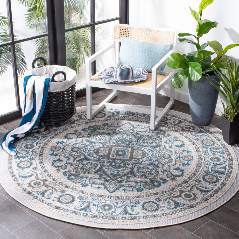 Safavieh Indoor-Outdoor Cabana Collection, CBN680 Rug, Navy/Grey, 6'7" Round
