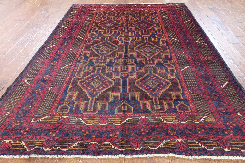 Tribal Geometric Blue Afghan Hand-Knotted Wool Rug, 6'x9'