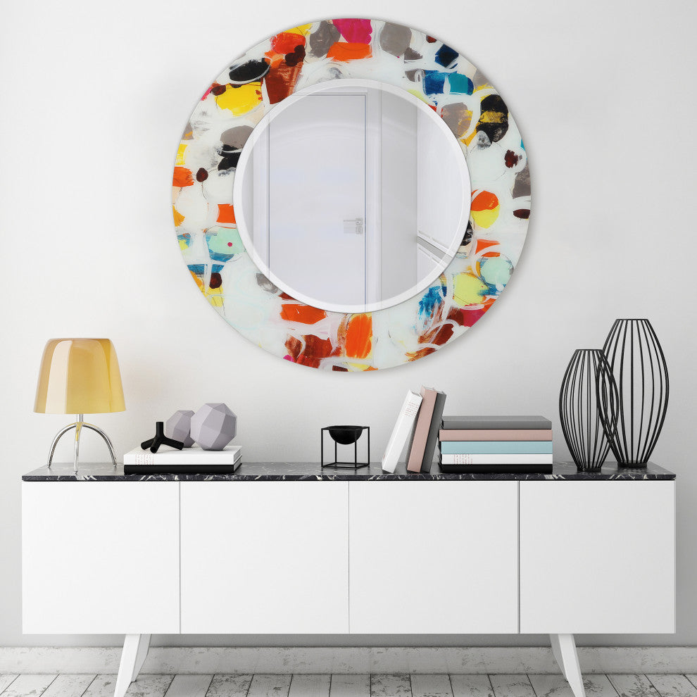 "Party" Round Beveled Wall Mirror on Floating Printed Tempered Art Glass