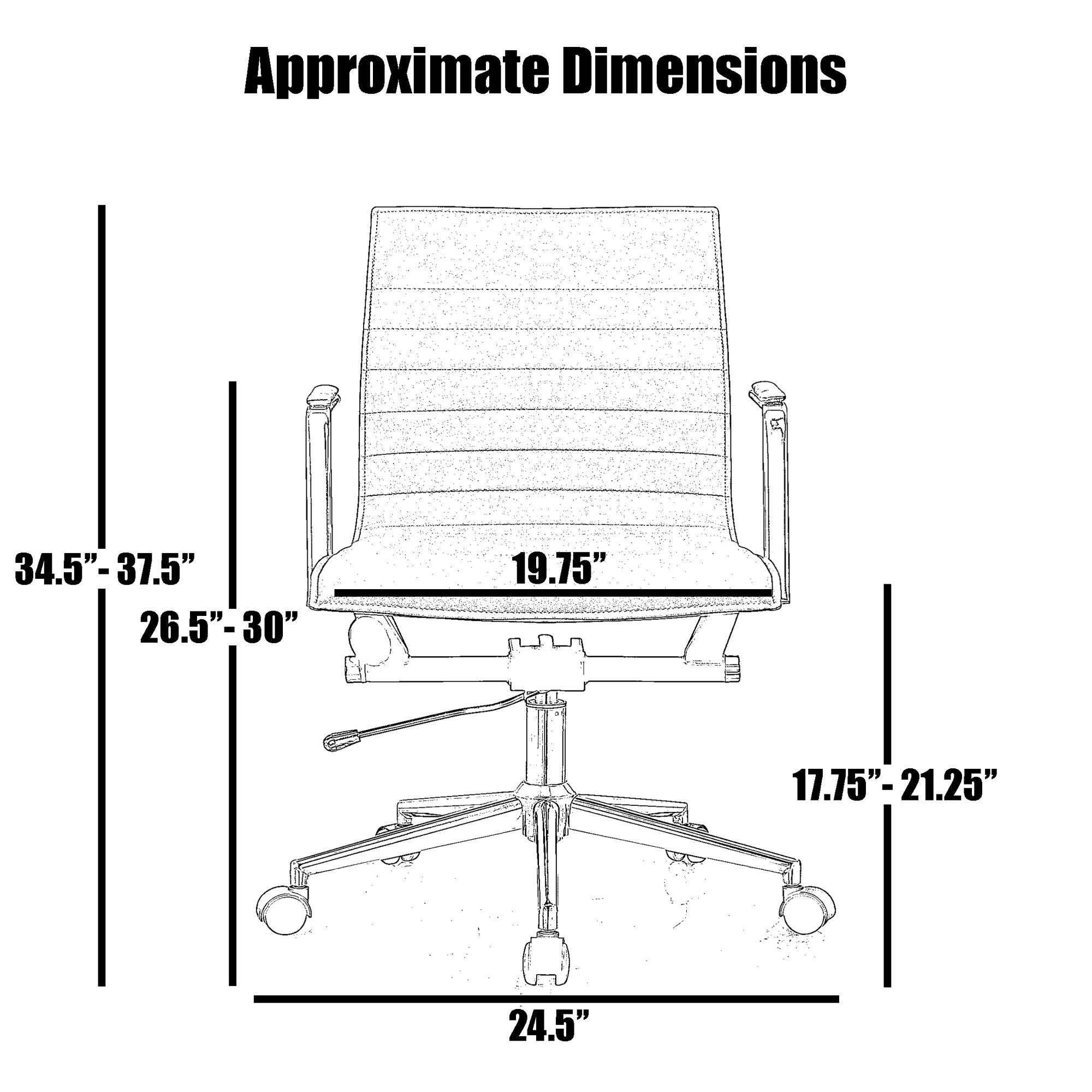 Modern Office Arm Chair With Wheels  Mid Back Ribbed PU Leather Adjustable, Black