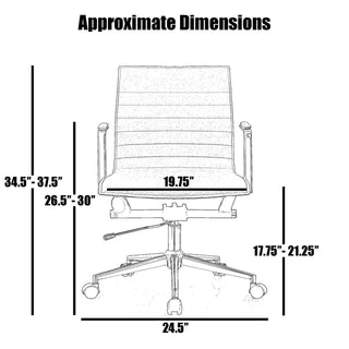 Modern Office Arm Chair With Wheels  Mid Back Ribbed PU Leather Adjustable, Black