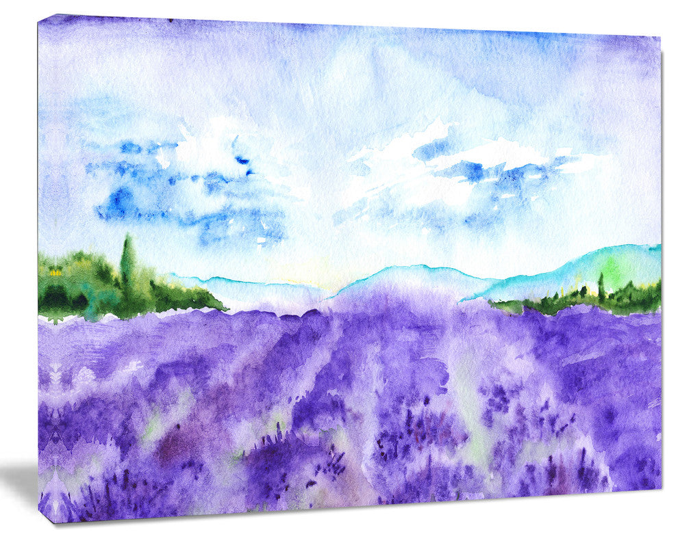 Blue Lavender Fields Watercolor, Landscape Canvas Art Print, 40"x30"