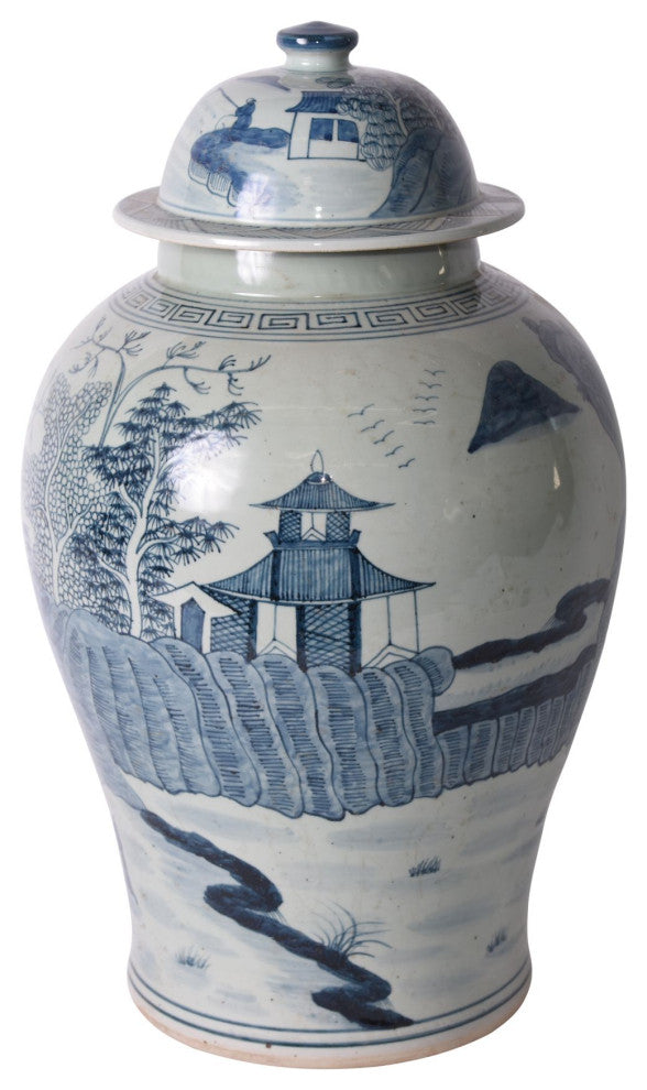 Blue And White Porcelain Temple Jar Pagoda Landscape Motif