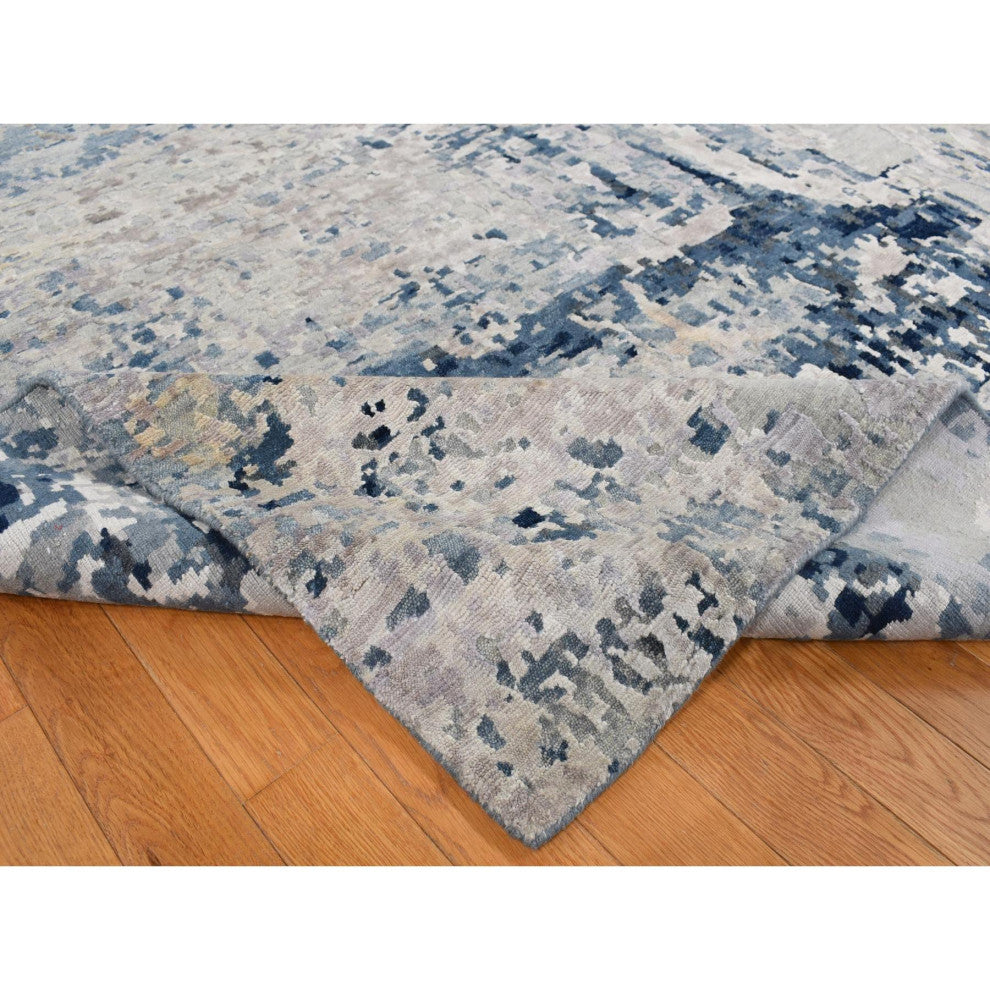 Arsenic Gray Hand Knotted Erased Circles Design Wool and Silk Rug 9'3"x12'