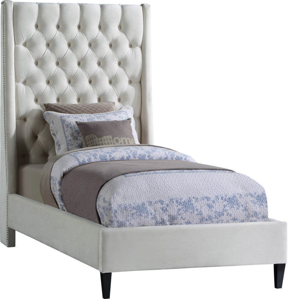 Fritz Velvet Upholstered Bed, Cream, Twin