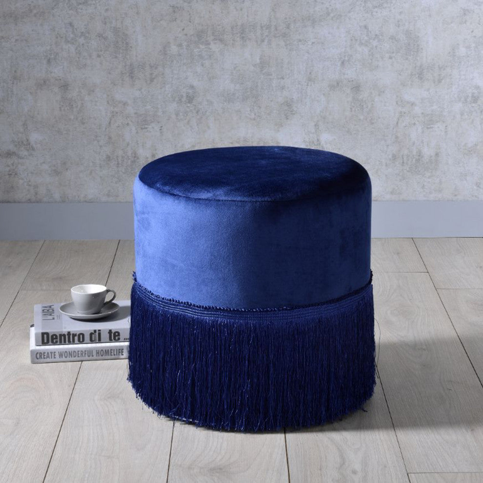 Round Ottoman With Fringe Base, Midnight Blue