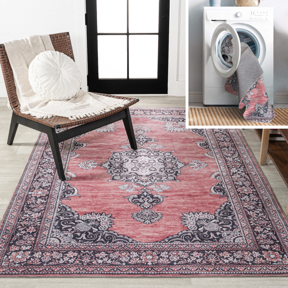 Bausch Distressed Chenille Washable Dark Pink/Black/White 5 ft. x 8 ft. Area Rug