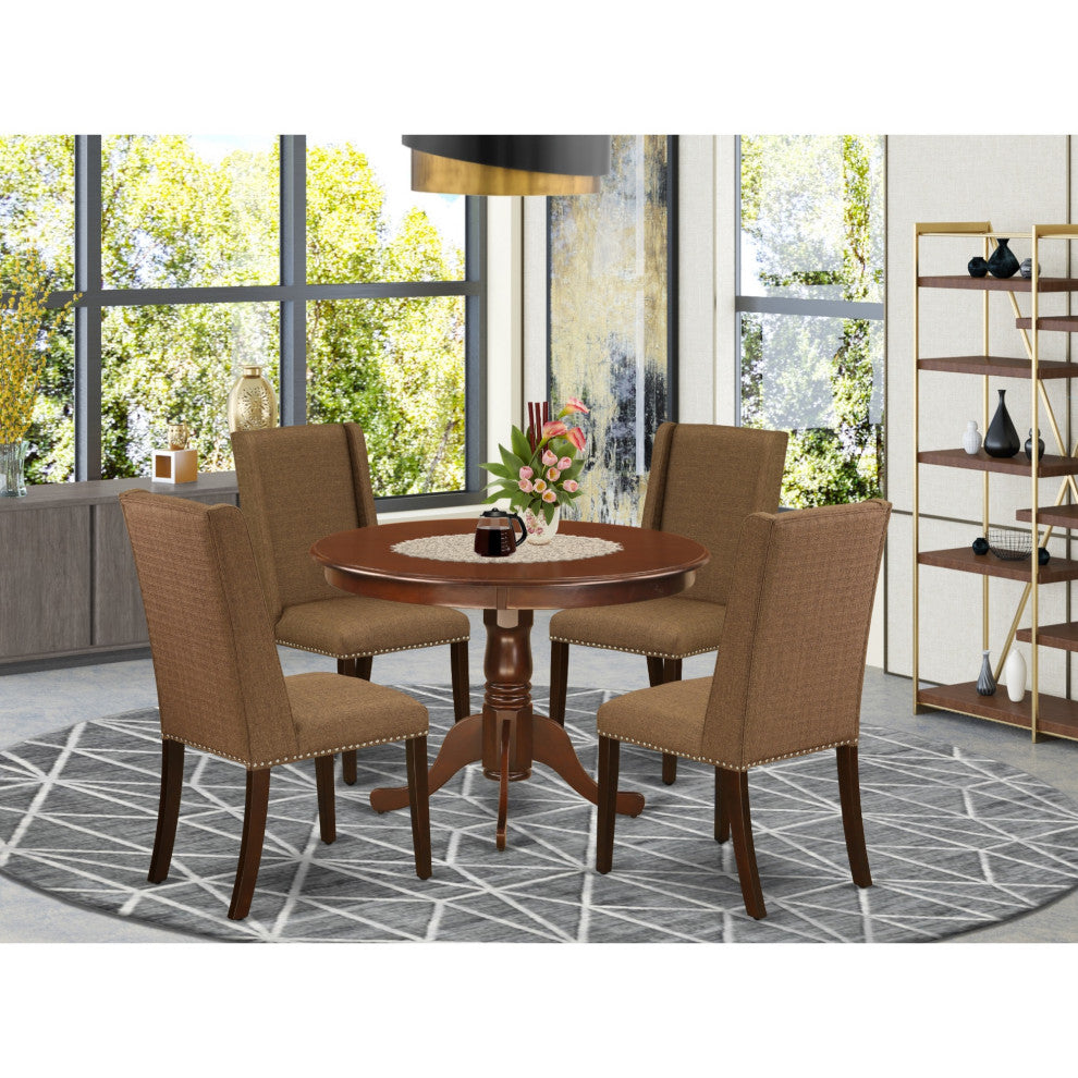 5-Piece Dining Set, 4 Chairs and Round Table, High Back and Mahogany