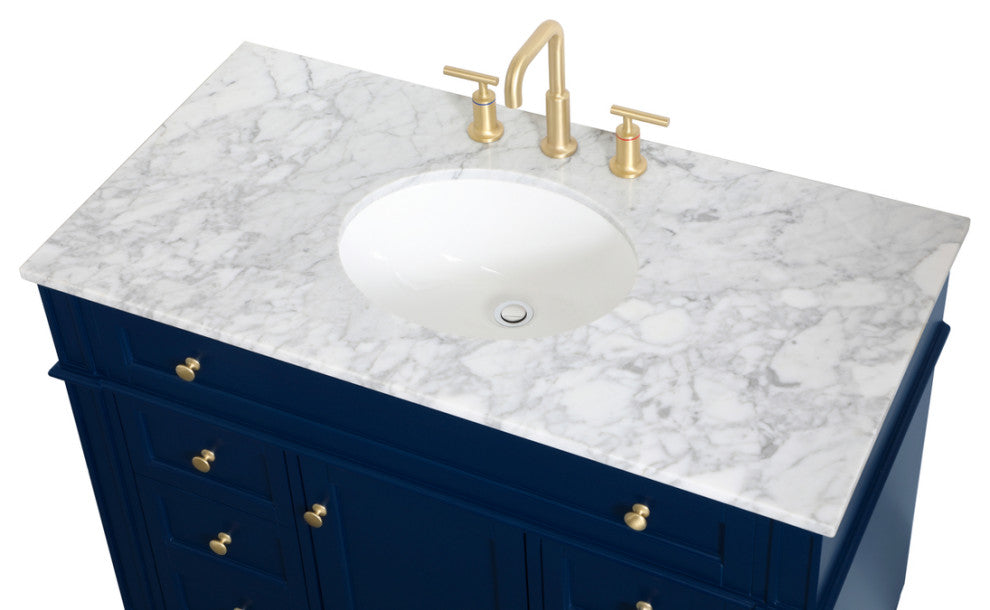Home Living Vanity with Carrara White Marble Countertop, Blue, 42", Single Sink