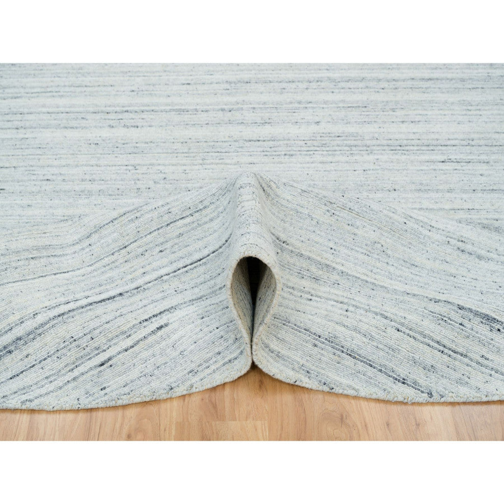 Ivory Hand Loomed Plain Modern Striae Design Pure Wool Round Rug 10'x1