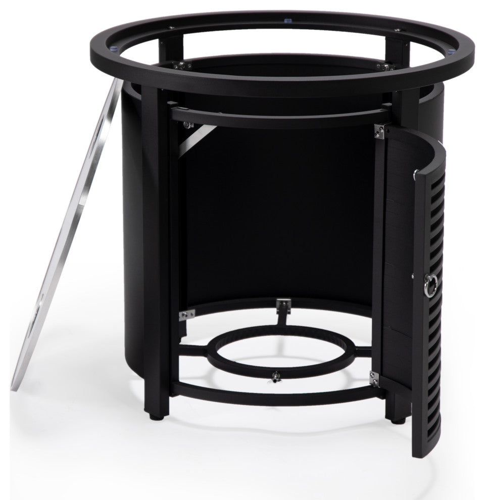 LeisureMod Walbrooke Round Fire Pit Table and Tank Holder With Slats, Black