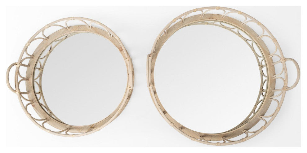 Leona Brown Wicker Mirrored Base Nesting Trays, Set of 2