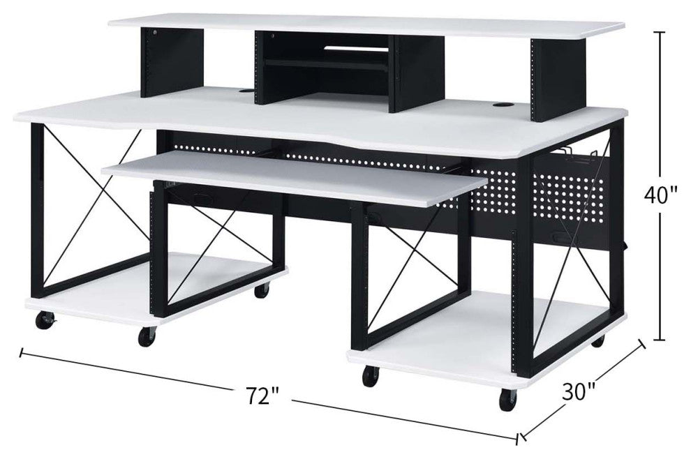 Rectangular Music Desk Table With Wheels, White and Black
