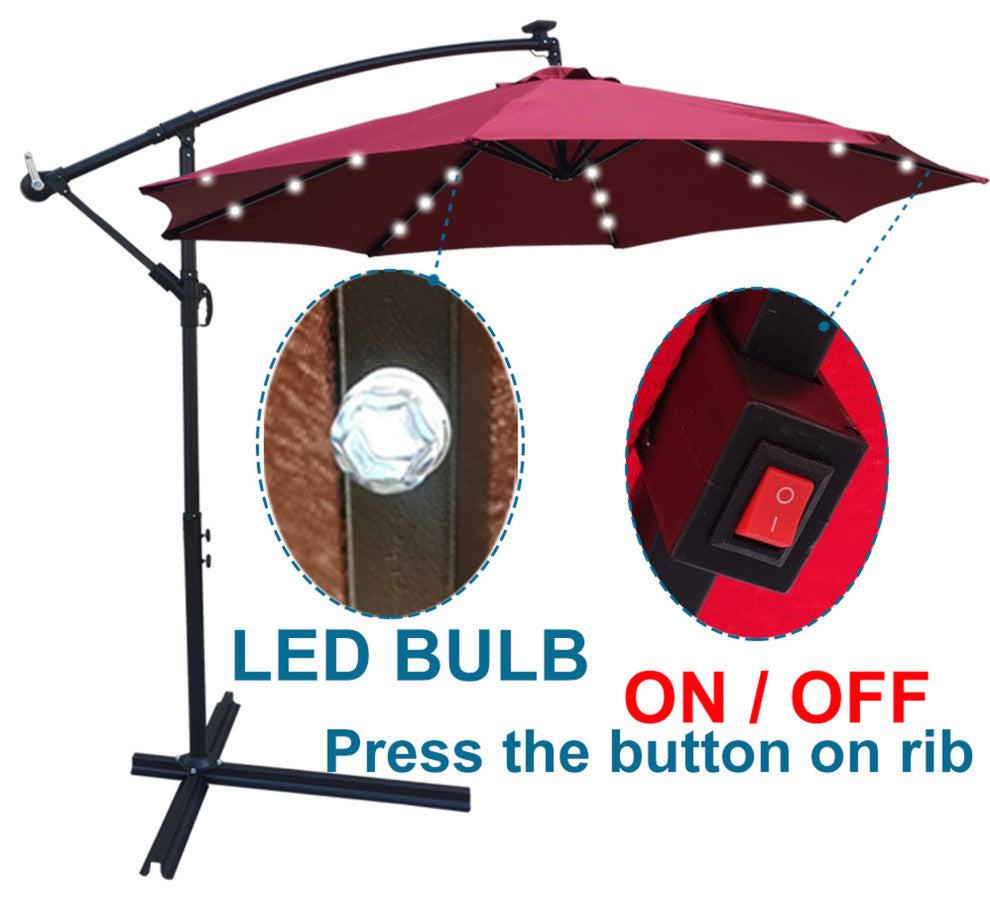 10' Steel Patio Umbrella Outdoor Market With Crank and LED Lights, Dark Red