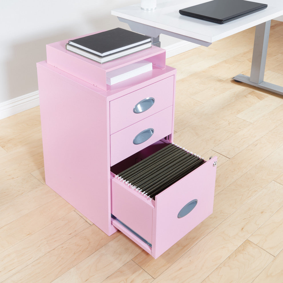 3 Drawer Locking Metal File Cabinet With Top Shelf, Pink