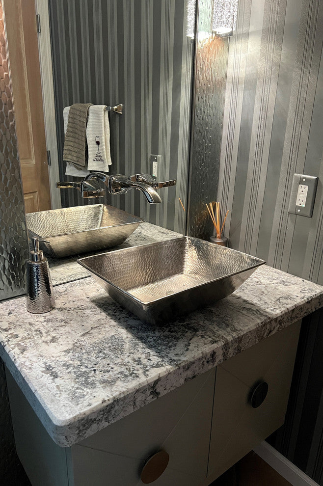 17" Rectangle Wired Rim Vessel Hammered Copper Sink, Nickel