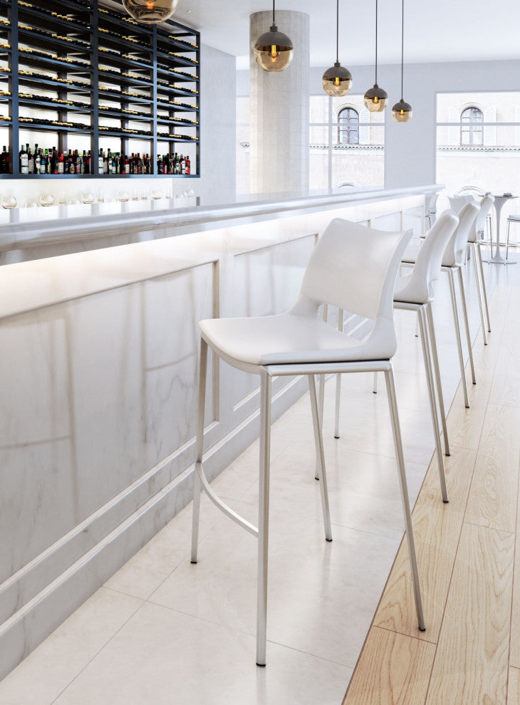 Bar Stool Chair Barstool, Set of 2, Faux Vinyl Leather, Steel, White, Silver