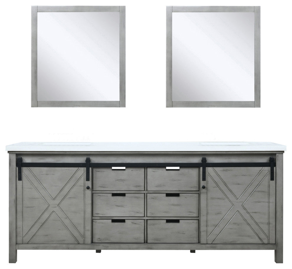Marsyas 80" Ash Gray Double Vanity Ash Gray Quartz Top Sinks, 30" Wall Mirrors