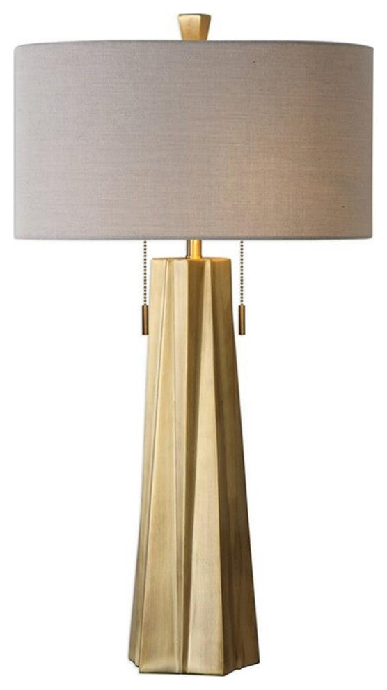 Maklaine Stainless Steel & Fabric Table Lamp in Antiqued Brass/Light Beige