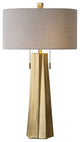 Maklaine Stainless Steel & Fabric Table Lamp in Antiqued Brass/Light Beige