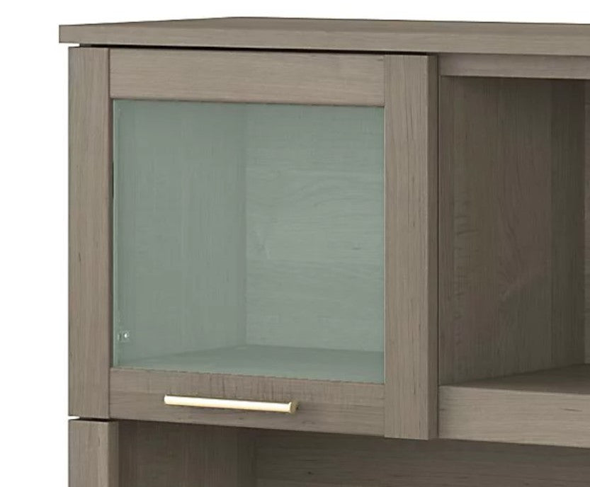 Modern Hutch, Open Shelves & Cabinets With Frosted Glass Doors, Ash Gray