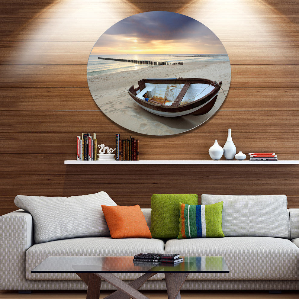 Boat On Beautiful Sunrise Seashore, Beach Round Wall Art, 11"