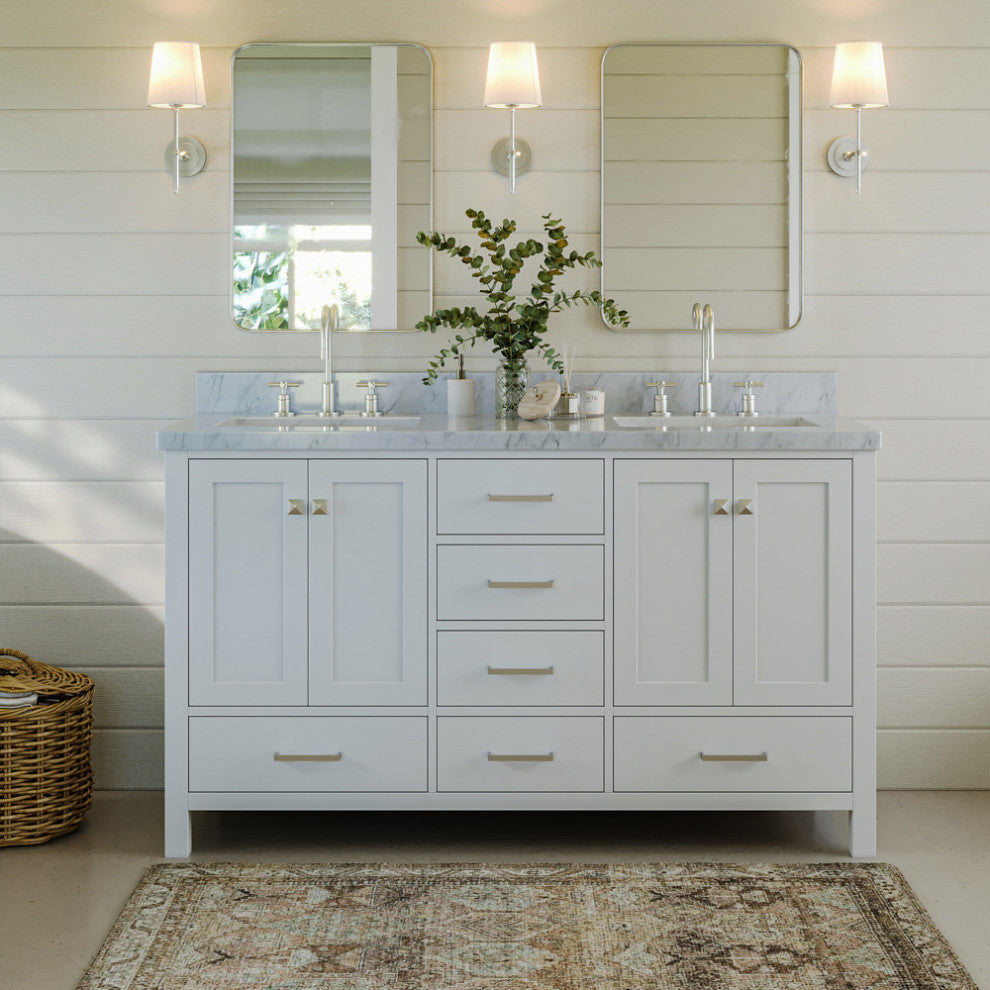 ARIEL Cambridge 61" Double Rectangle Sink Bathroom Vanity White With Marble Top