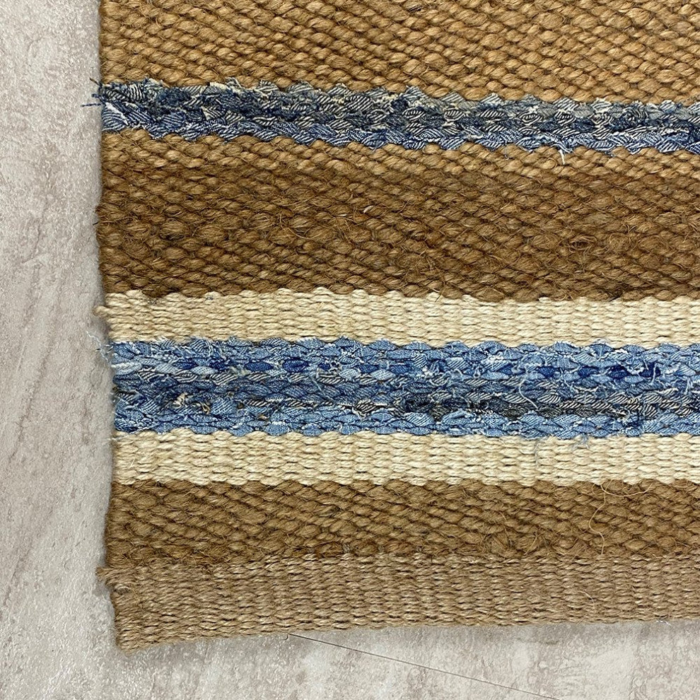 5" x 7" Tan and Blue Striped Area Rug