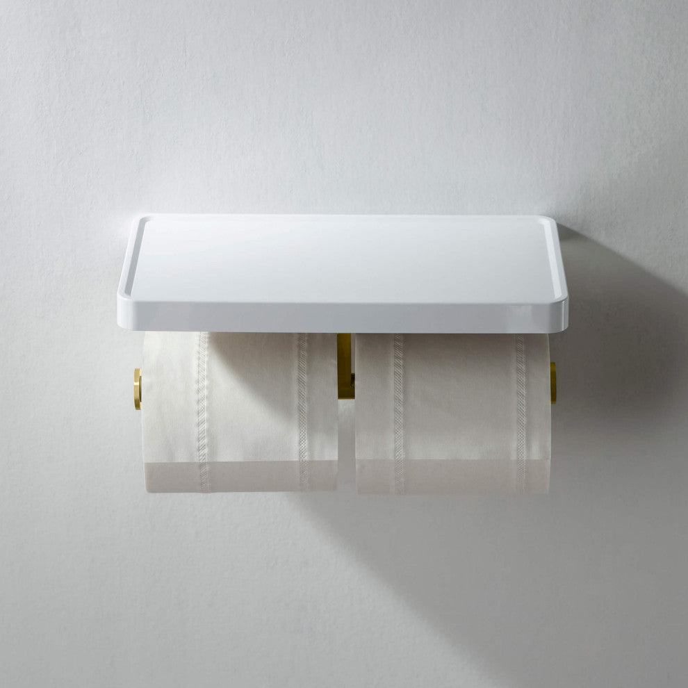 Deco Bathroom Toilet Paper Holder Double Roll With Shelf, Brushed Gold