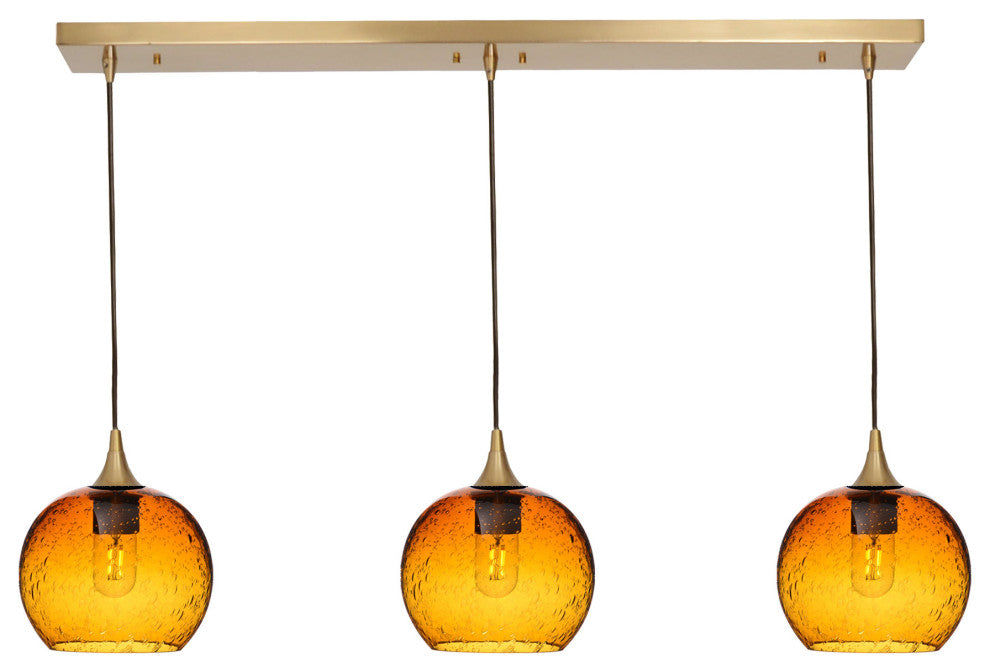 3 Pendant Linear Chandelier, Golden Amber, Polished Brass, 4 Watt
