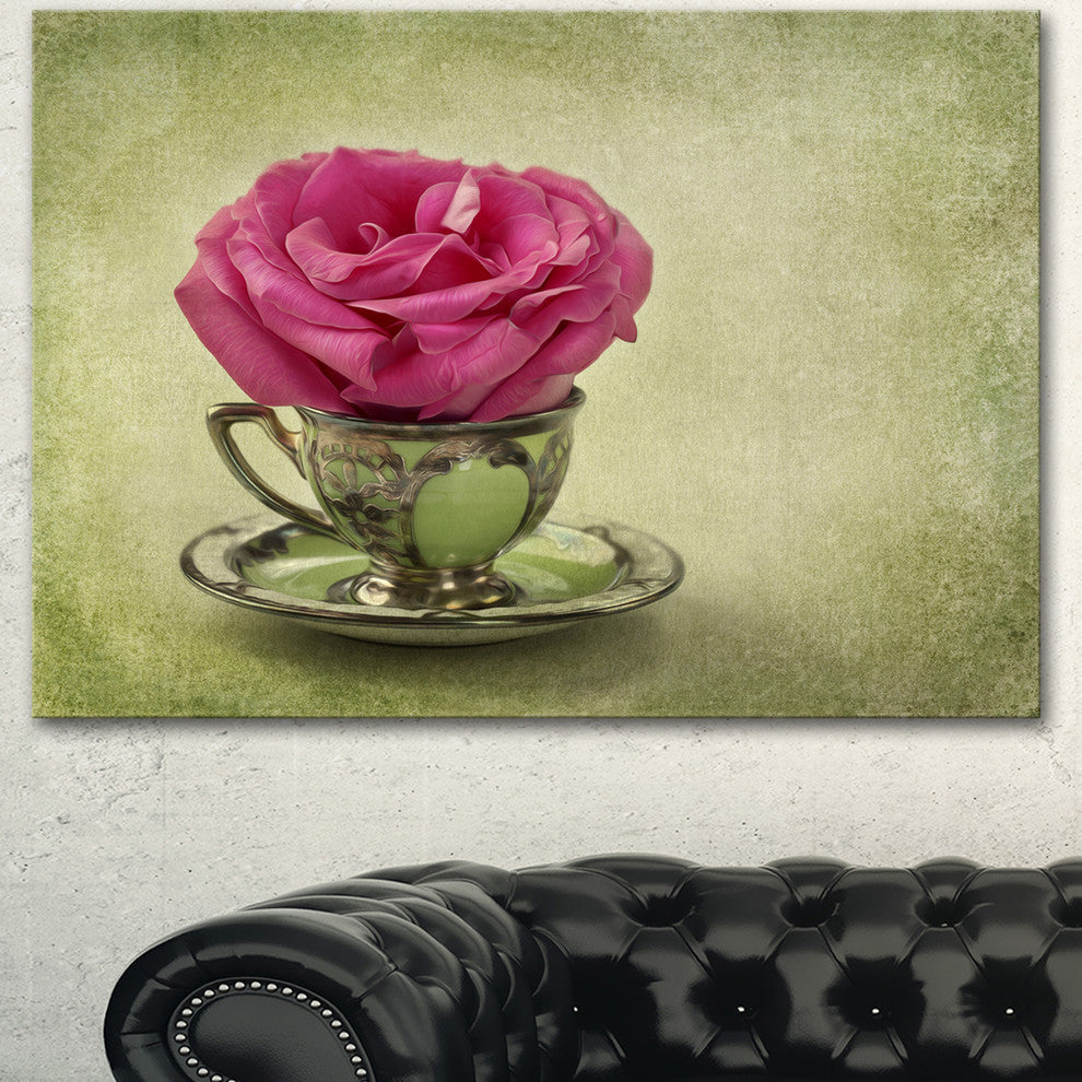 Red Rose in Cup and Saucer, Floral Canvas Art Print, 40"x30"