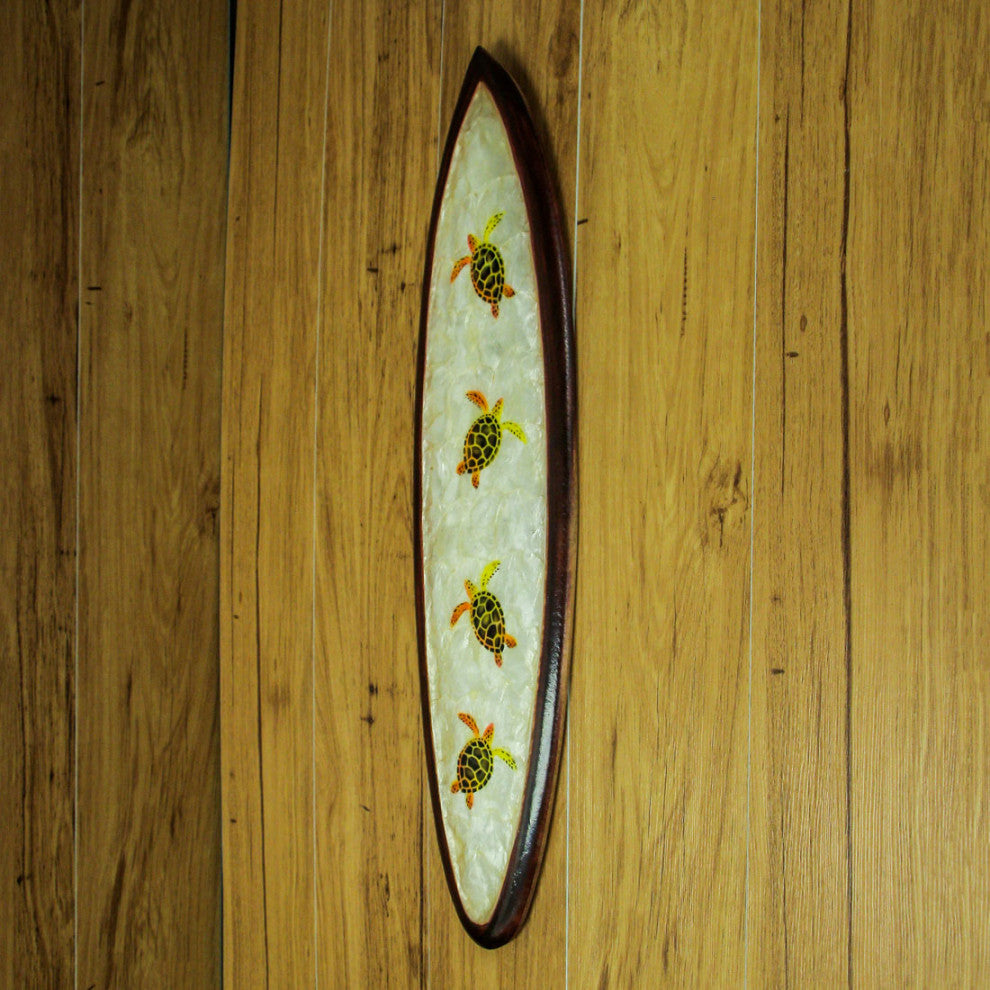 31 In Wood And Capiz Four Turtles Hand Carved Decorative Surfboard Wall Decor