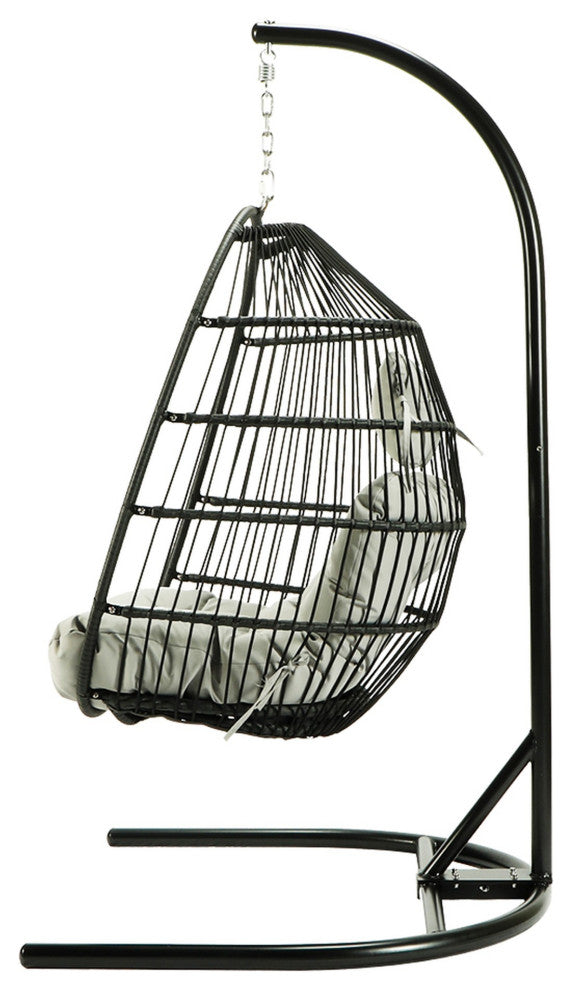 Outdoor Patio Swing Chair Egg Hanging With Cushion and Pillow, Black Beige
