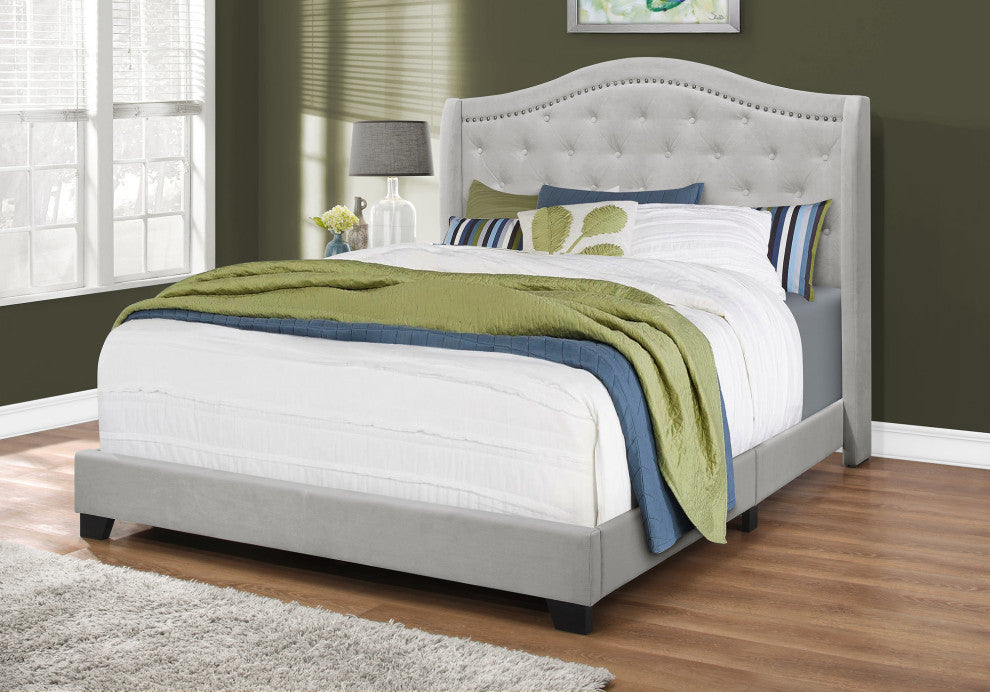 Bed, Queen Size, Platform, Frame, Upholstered, Velvet, Wood Legs, Grey