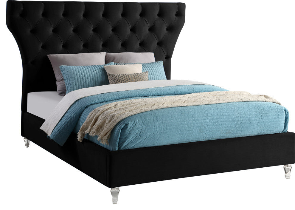 Kira Velvet Upholstered Bed, Black, Queen