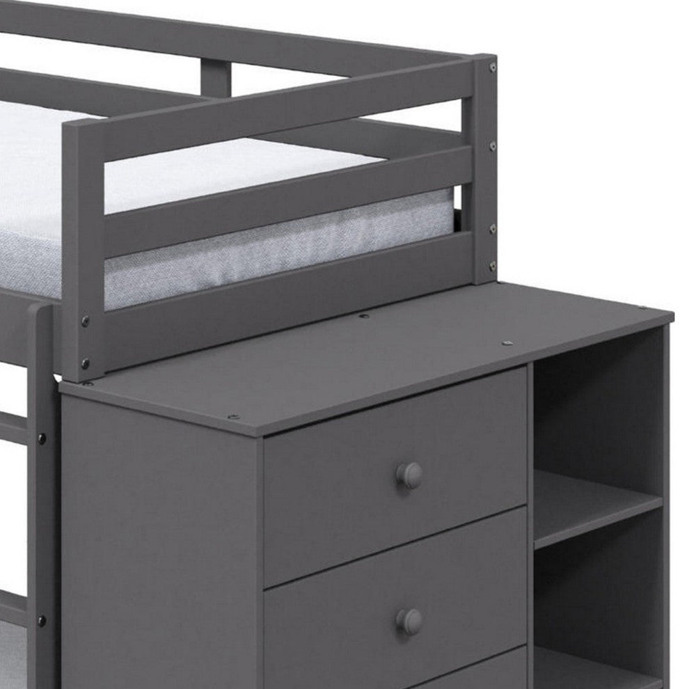 Benzara BM284031 Twin Bunk Bed With Cabinet, 3 Compartments, Ladder, Gray