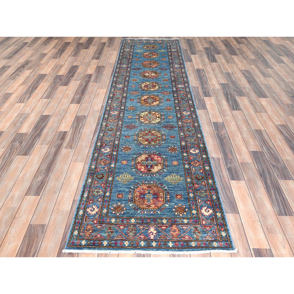Steel Blue Afghan Super Kazak Wool Hand Knotted Runner Oriental Rug, 2'7"x9'9"