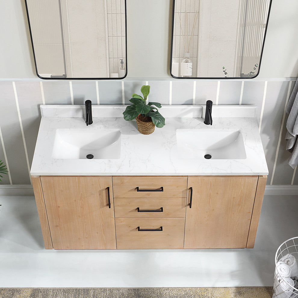 San Bath Vanity with Stone Top, Fir Wood Brown, 60" Double Sink, Double Vanity, No Mirror