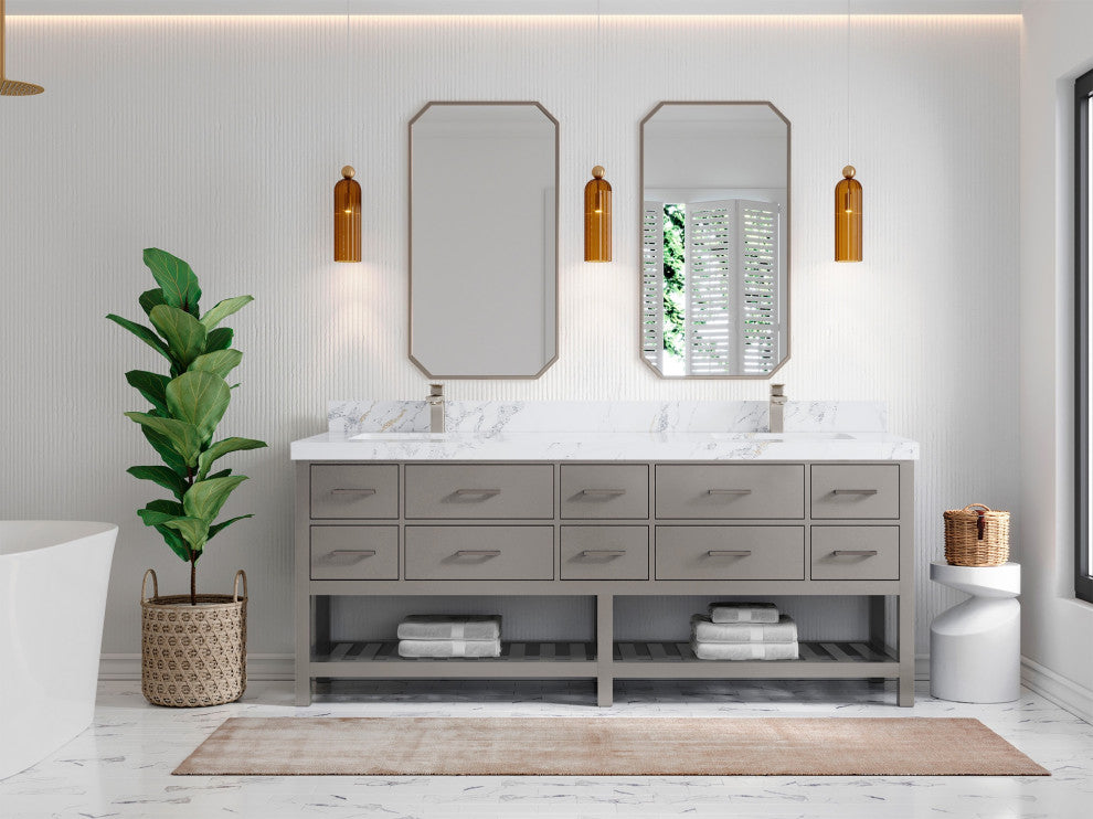 Parker 84" Double Sink Bath Vanity, Elephant Skin Gray 2" Calacatta Poanazzo