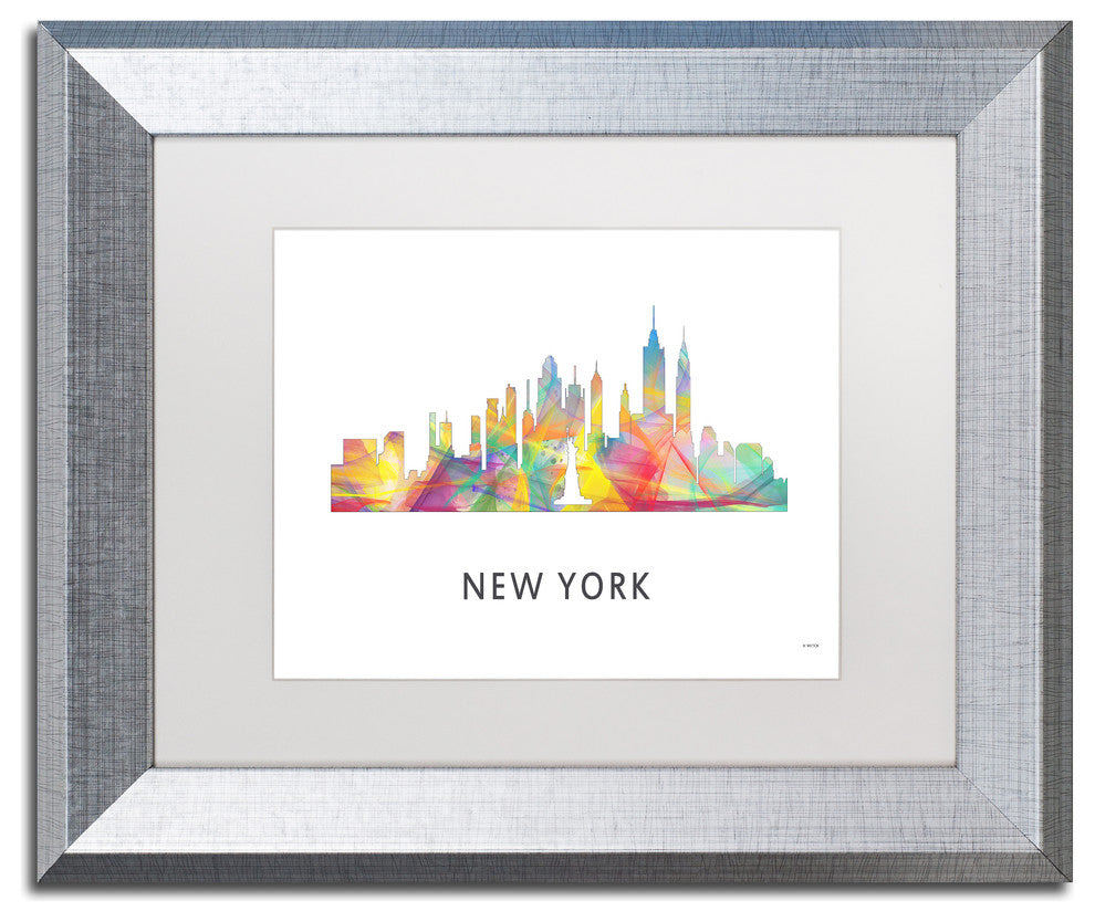 'New York New York Skyline Wb 1' Framed Art, Silver Frame, White Matte, 14x11