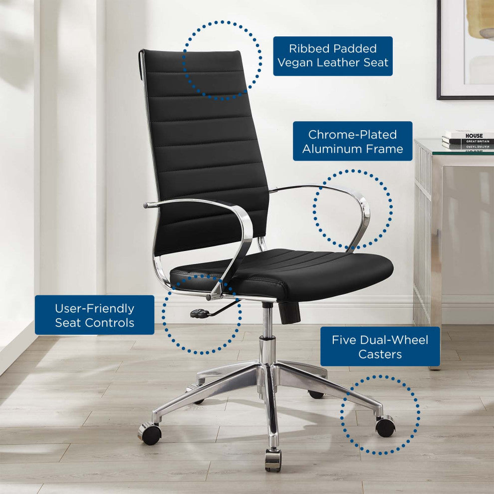 Computer Work Desk High Back Chair, Faux Leather, Black, Home Business Office