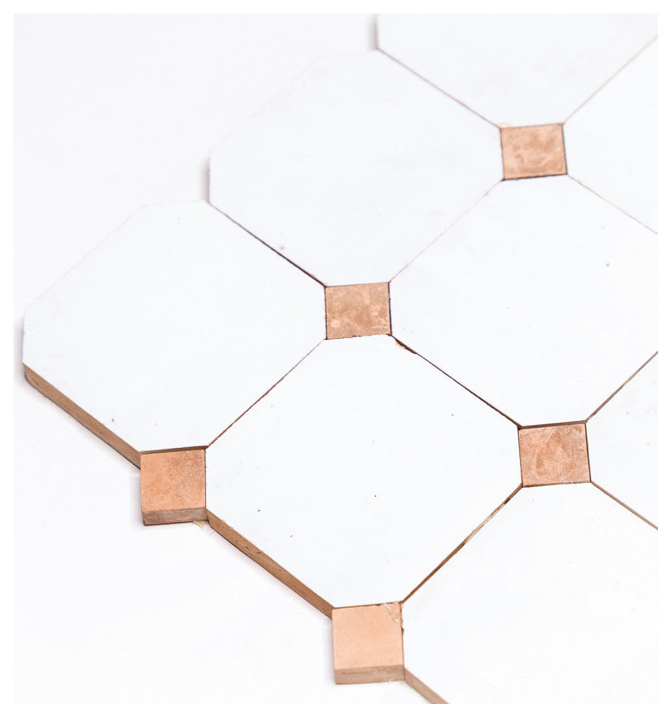 Contemporary Zellige Tile, White With Terracotta, 8-Panels 12x12"