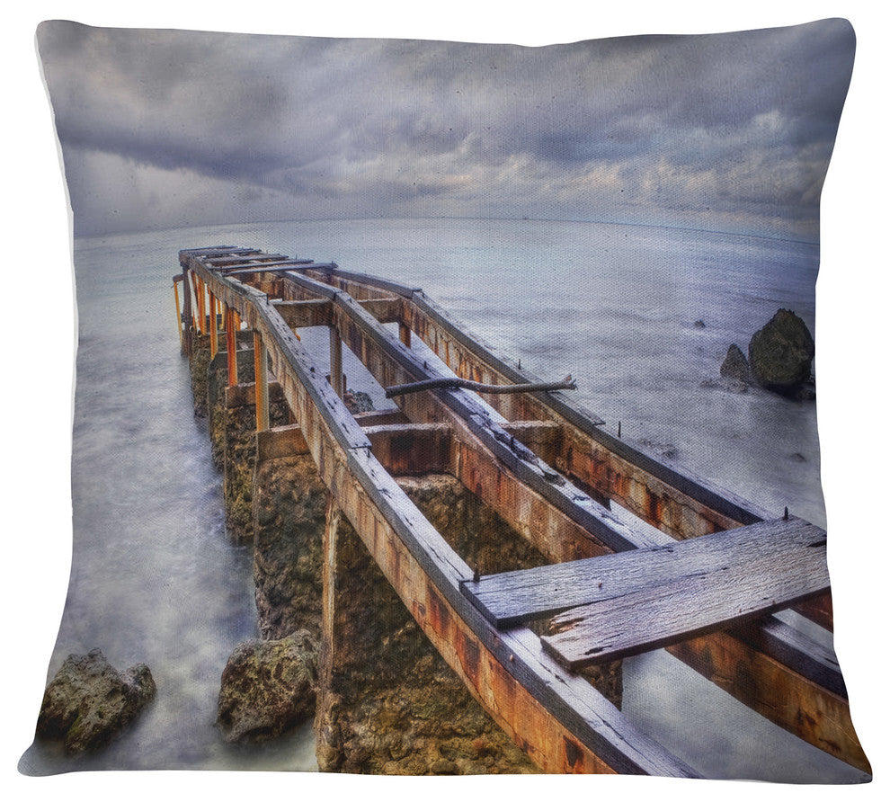 Old Rusty Pier in Cloudy Day Seashore Photo Throw Pillow, 16"x16"