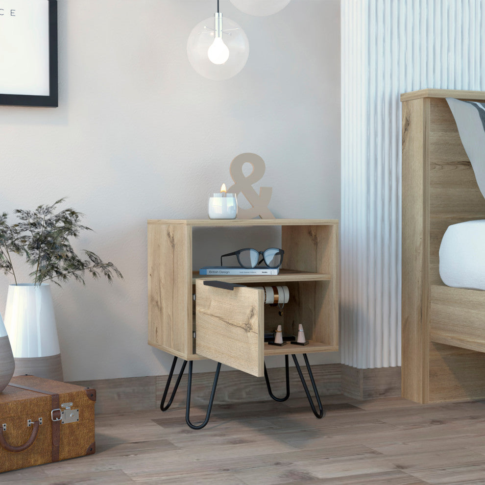Vienna Contemporary Bedroom Nightstand with Cabinet and Hairpin Legs, Light Oak