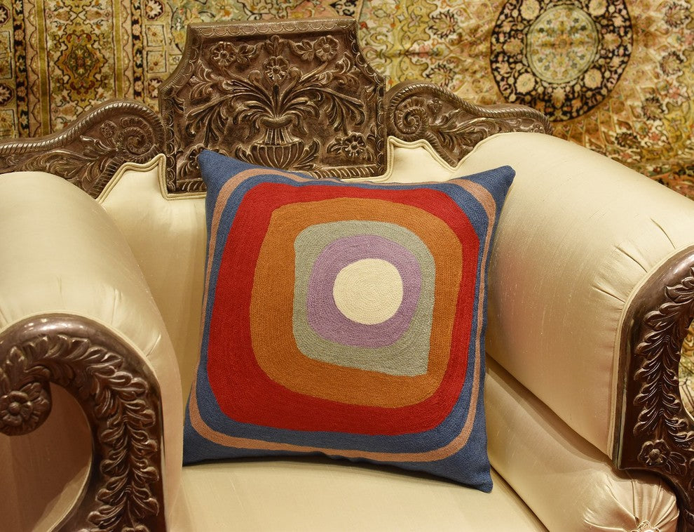 Kandinsky Ruby Square Medium Blue IV Throw Pillow Cover Handmade Wool 18x18"