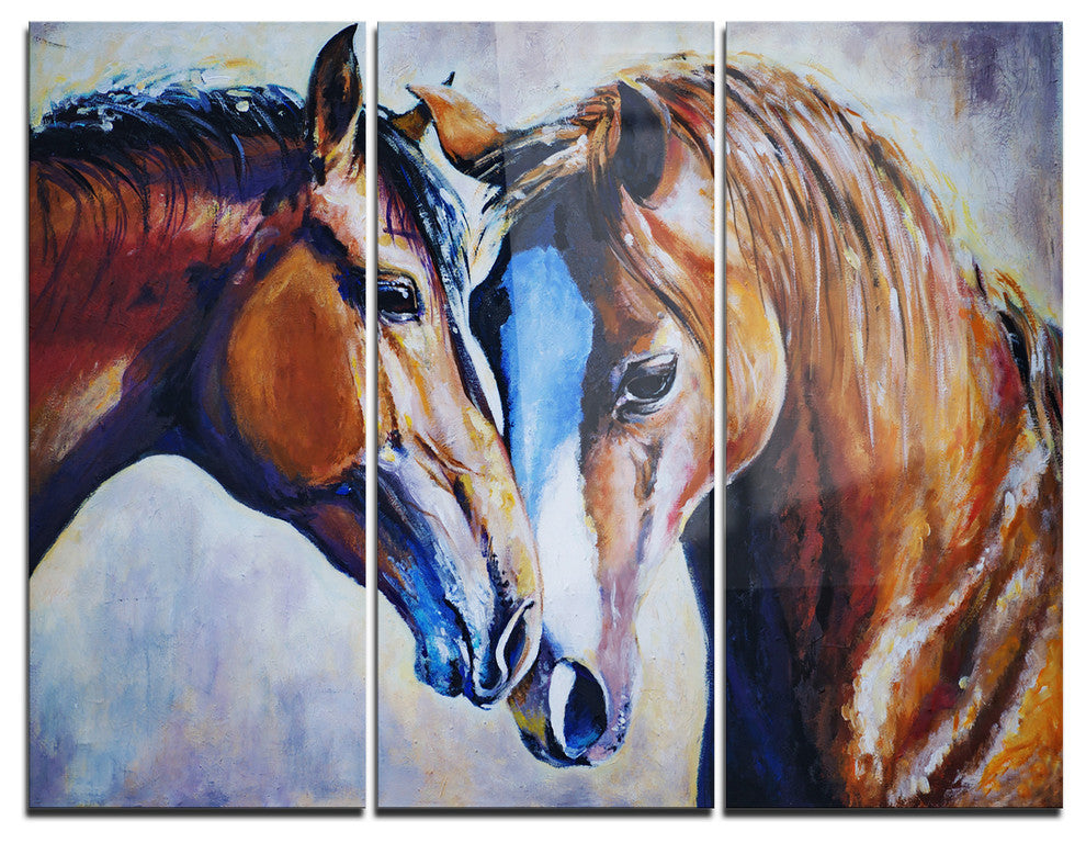 "Brown Amorous Horses" Painting Metal Wall Art, 3 Panels, 36"x28"