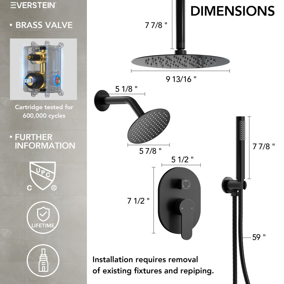 Dual Heads 10" & 6" Rainfall Shower Facuet With Handheld Shower, Matte Black